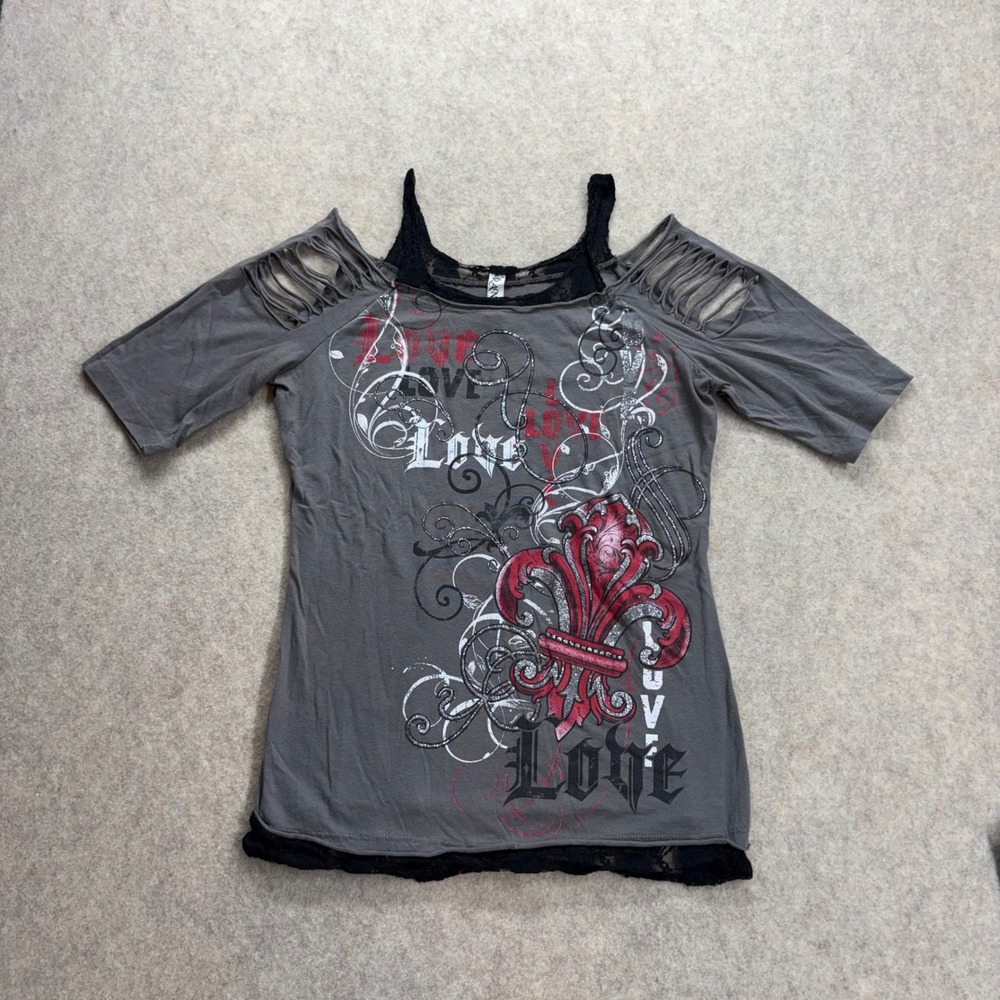 Women's Small Gray Cold Shoulder Fleur De Lis Graphic Tee Lace Trim Y2K Grunge